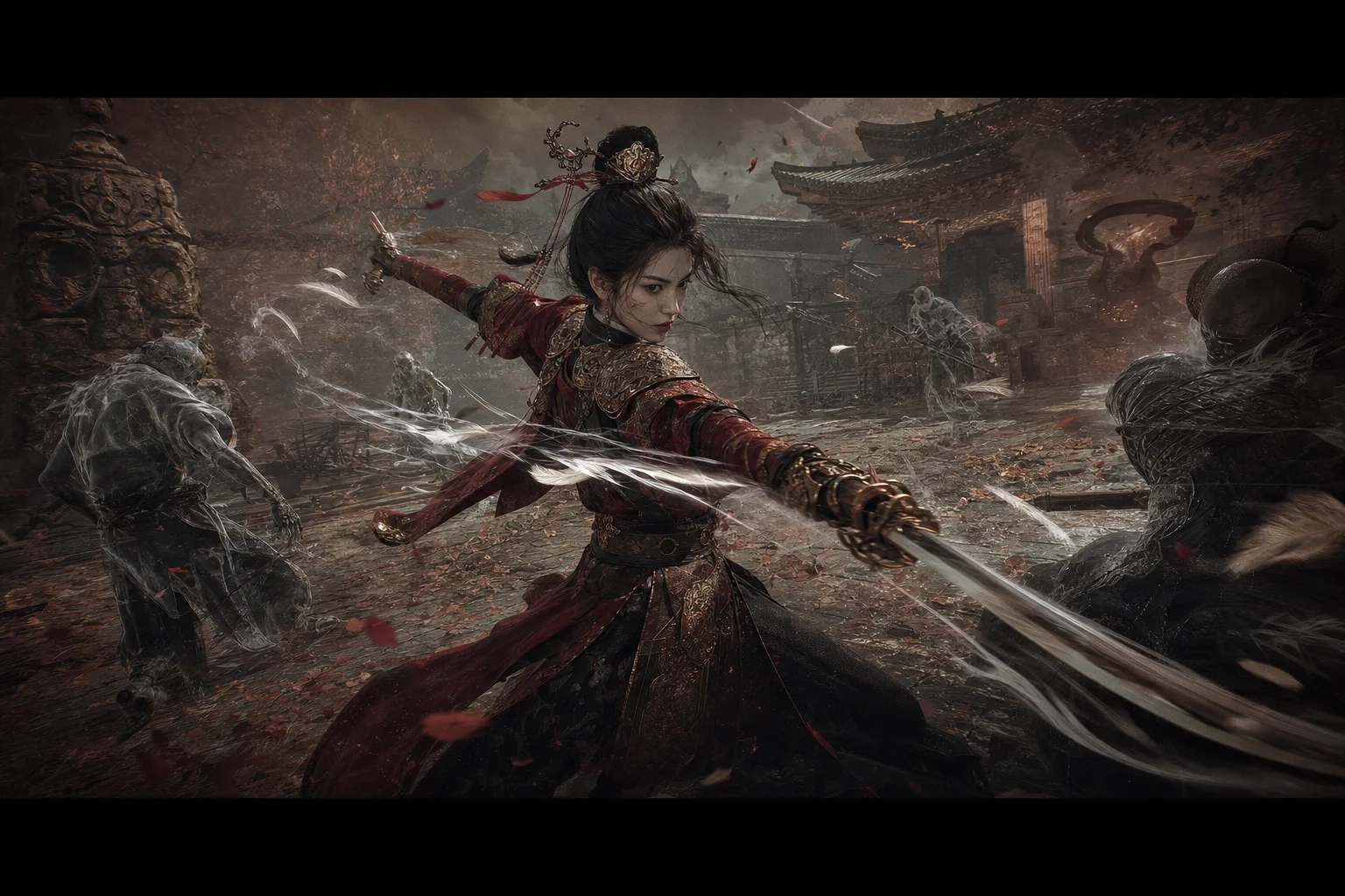 Wuchang in combat — feather energy trailing a longsword strike in ruined Shu temple light