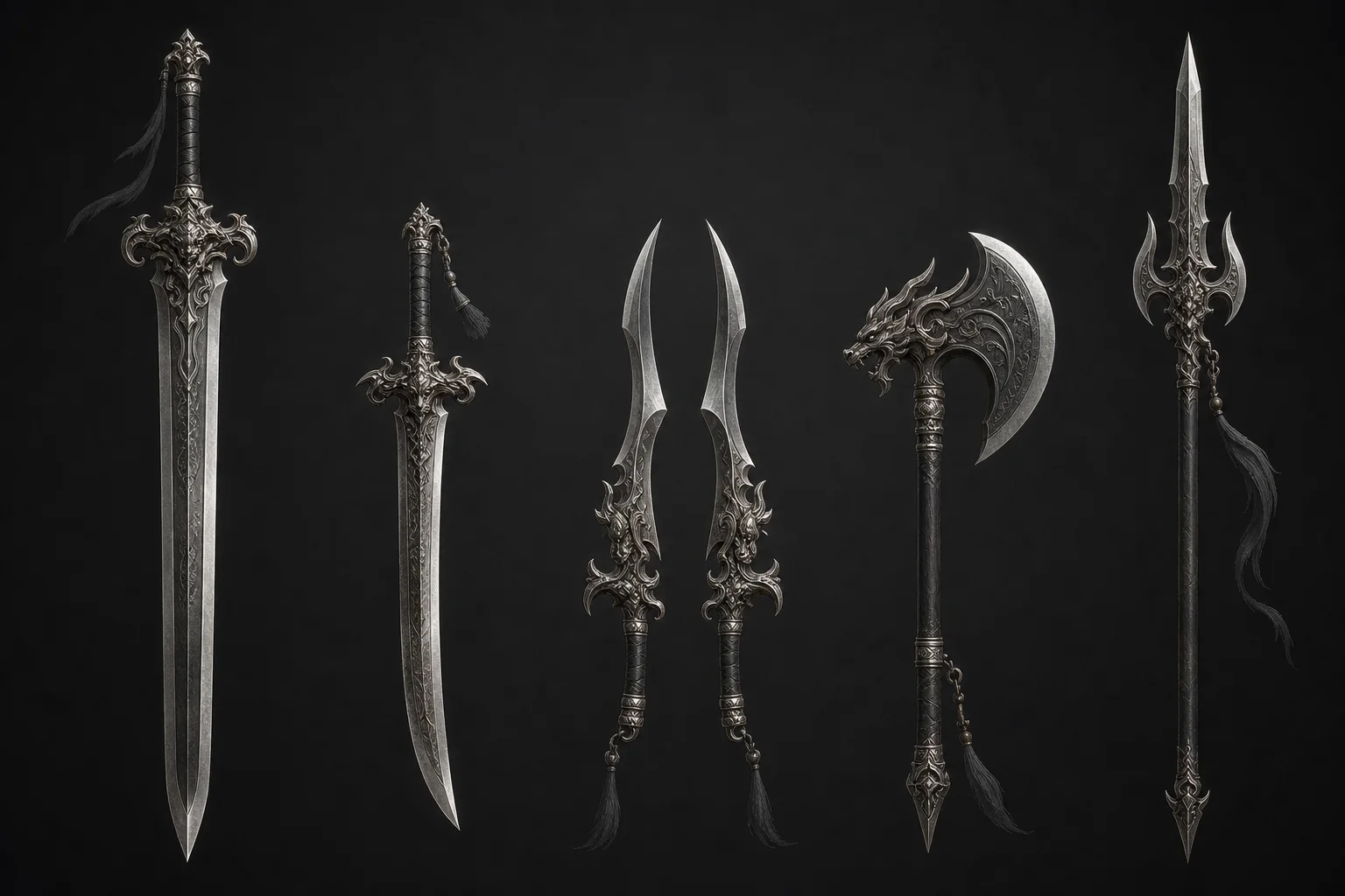 Five weapon silhouettes — longsword, one-handed sword, dual blades, axe, and spear in Ming-era fantasy style