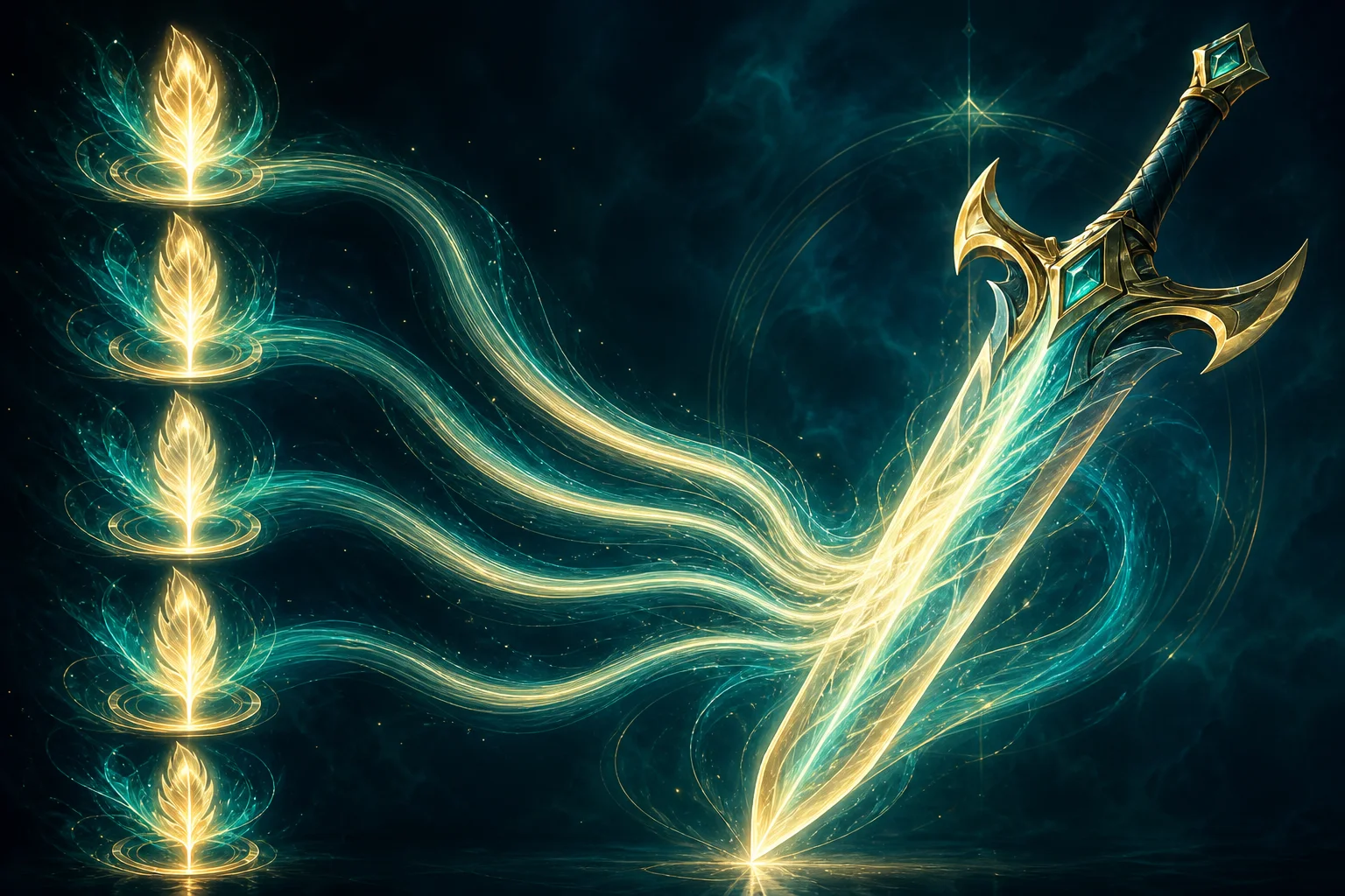 Abstract feather energy stacks trailing a warrior's weapon — Skyborn Might visual metaphor