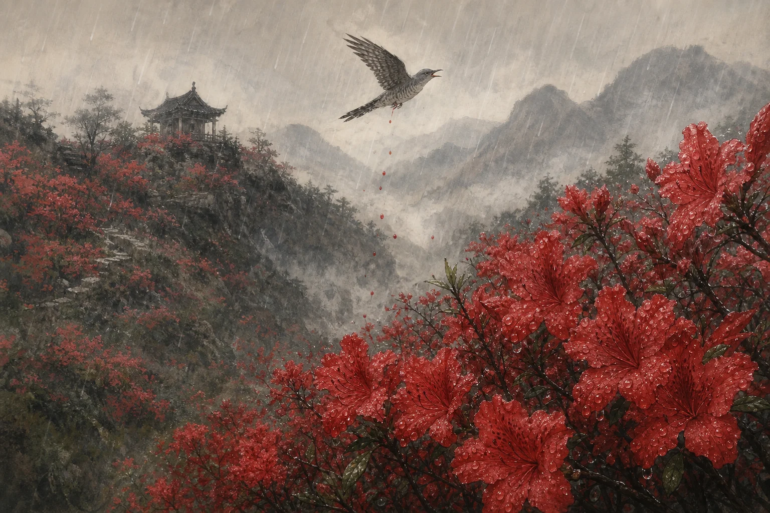 Blood-red azalea blossoms under spring rain — visual echo of the cuckoo weeps blood motif