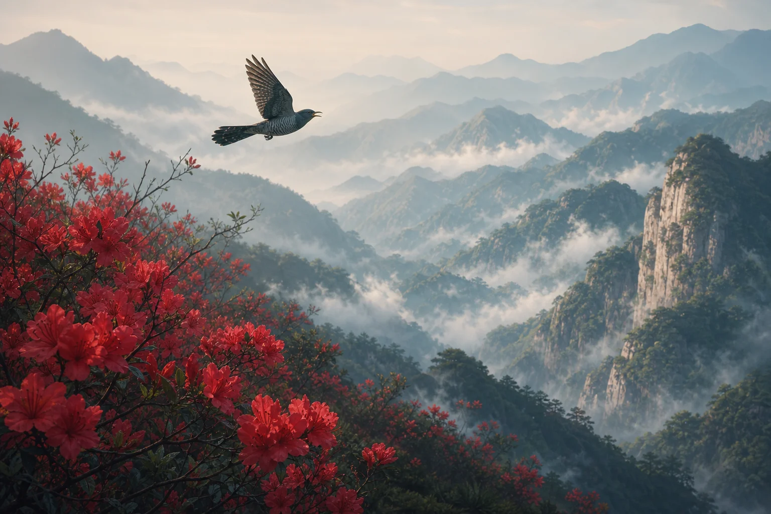 A cuckoo bird over misty Shu spring hills with blood-red azalea blossoms — Du Yu poetic tradition