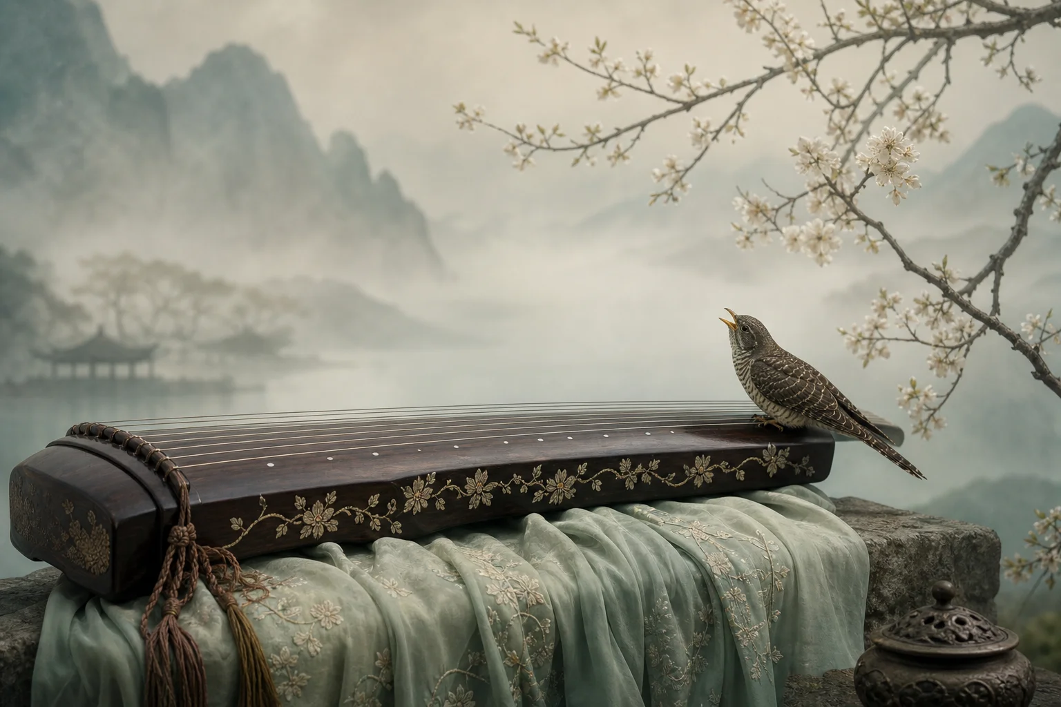 Broidered zither and cuckoo over spring mist — Li Shangyin poetic mood without text
