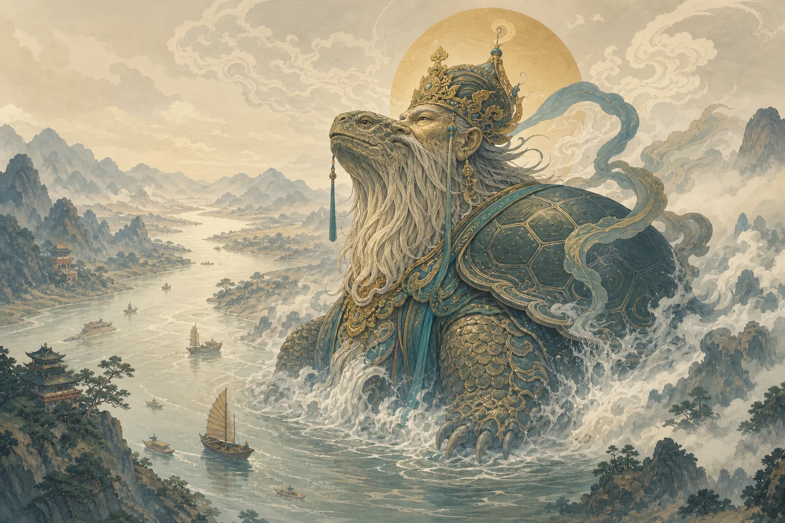 Bie Ling rising from Yangtze river mists — turtle-associated spirit king of Shu legend