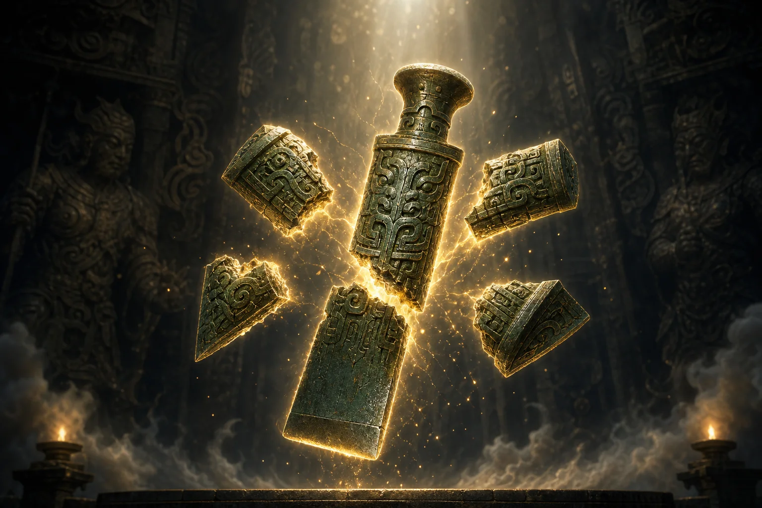 A divine chisel shattering into five glowing fragments — mythic artifact tied to Shu kings