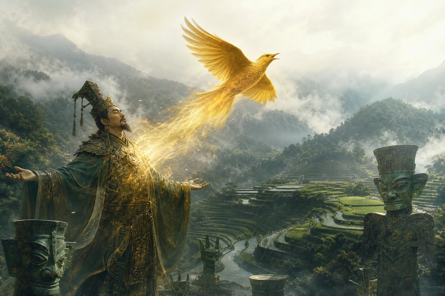 Legendary Shu kings — Du Yu as cuckoo spirit and Bie Ling rising from river mists over ancient Sichuan
