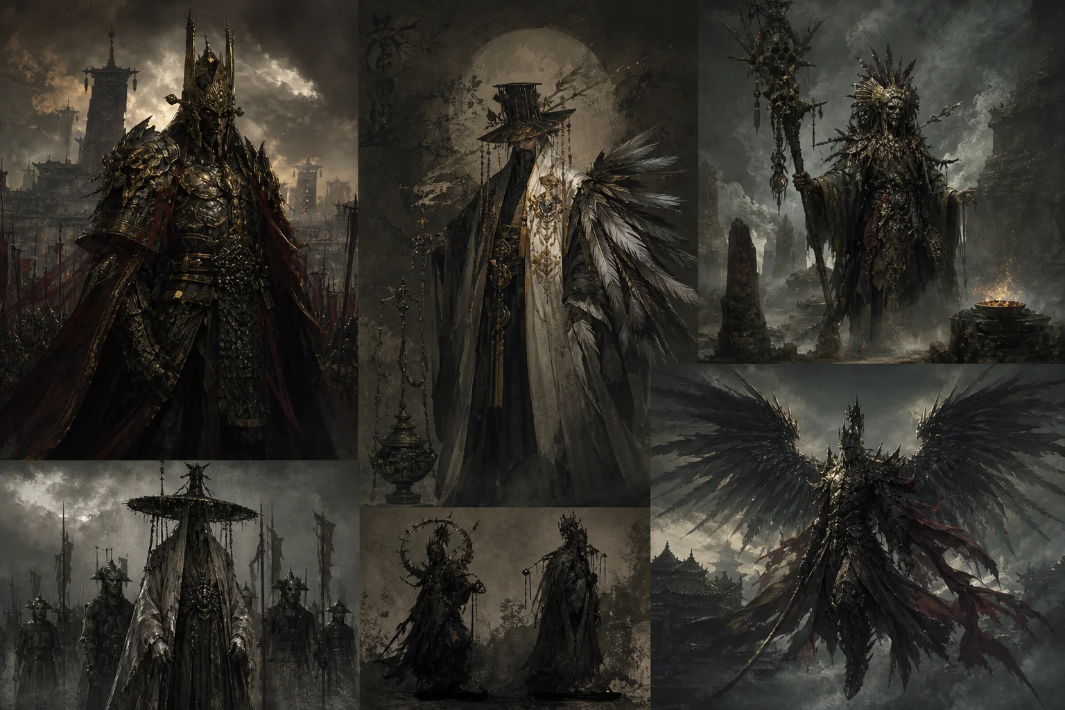 Collage of enemy archetypes — Ming general, feathered priest, Bo sorcerer, and winged elite silhouettes