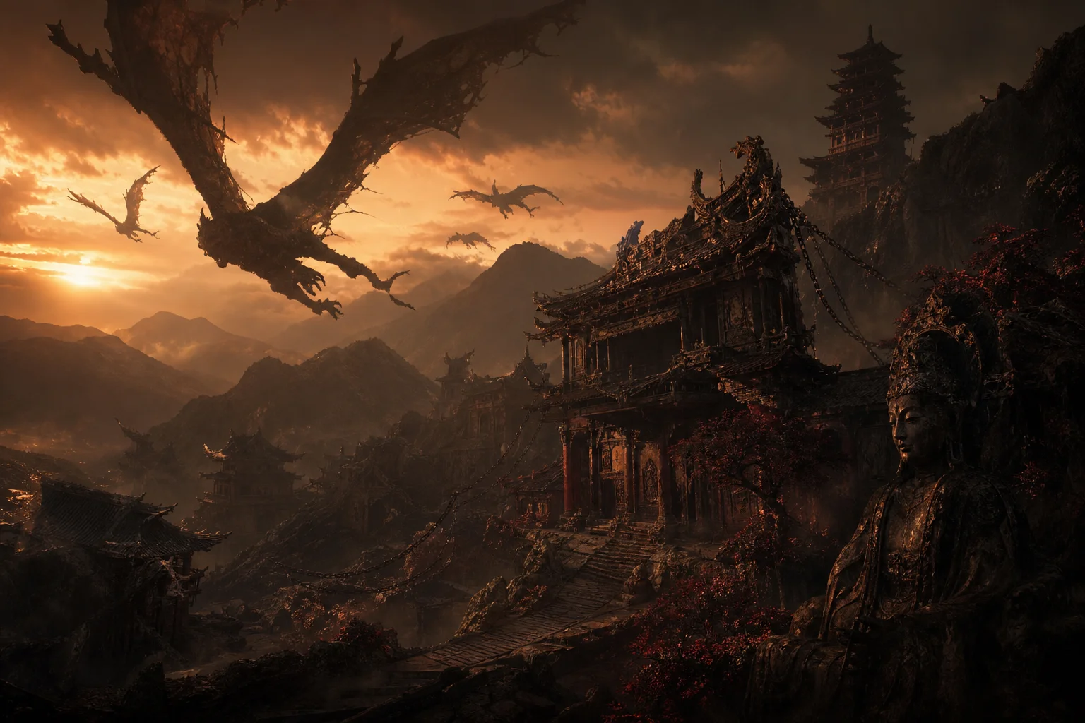 Feathered monsters in ruined Shu — winged silhouettes where soldiers and civilians once stood