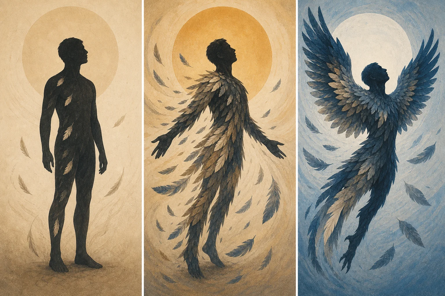 Progression of Feathering — human silhouette to winged monster in three symbolic panels