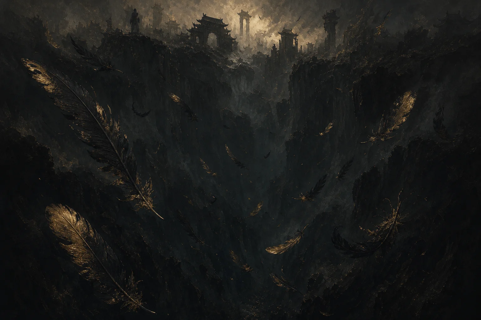 Fallen feathers drifting into a dark abyss — visual metaphor for the Chinese title Yuanxu Zhi Yu and English Fallen Feathers