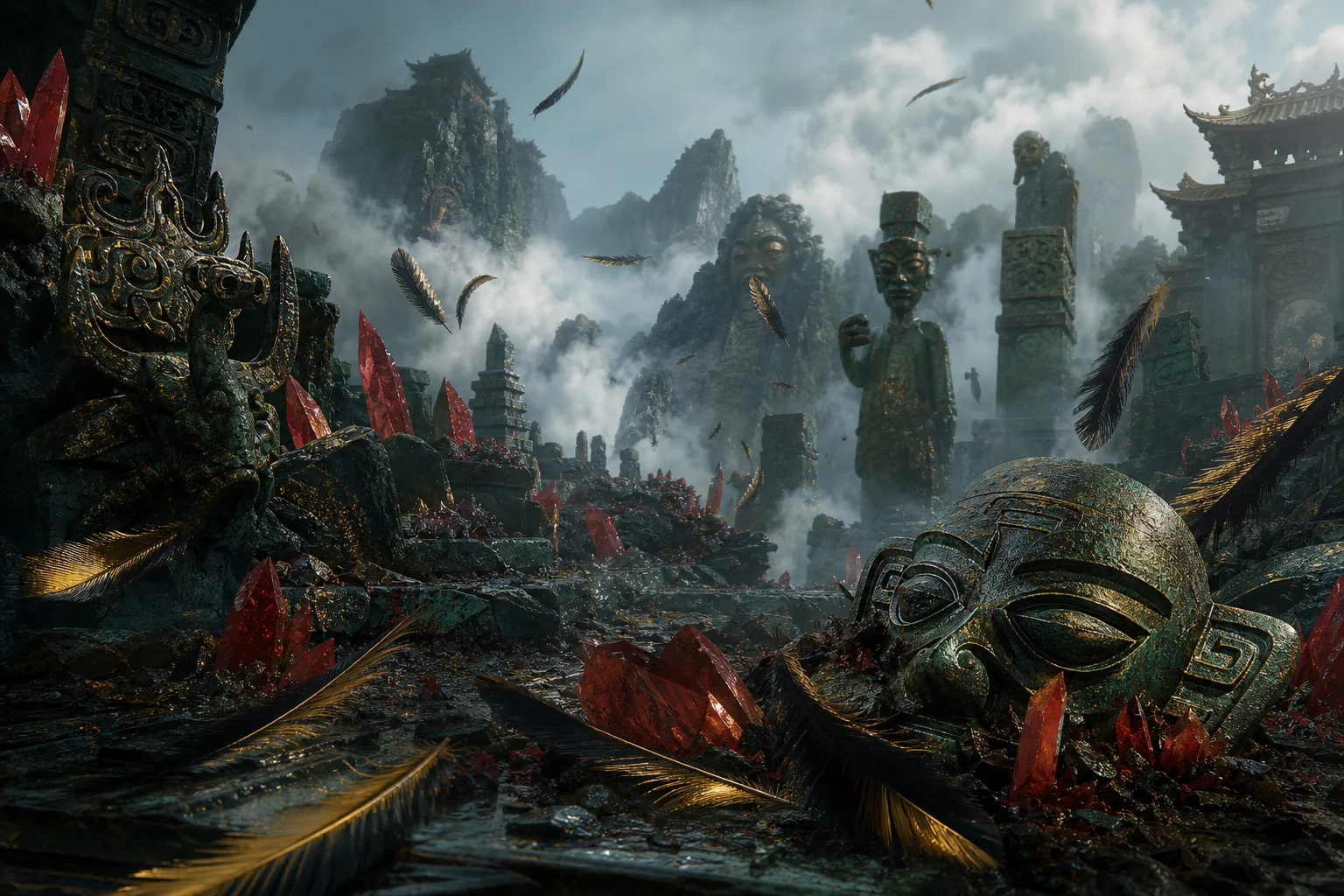 Feathering plague — a warrior's arm sprouting feathers beside veins of glowing red mercury ore in a ruined Shu temple