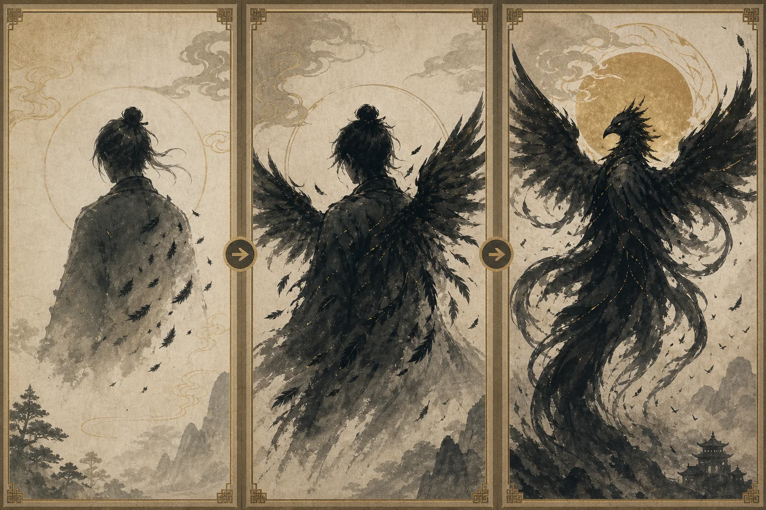 Three stages of Feathering — feathers emerging on skin, distorted human with wing buds, fully transformed winged creature