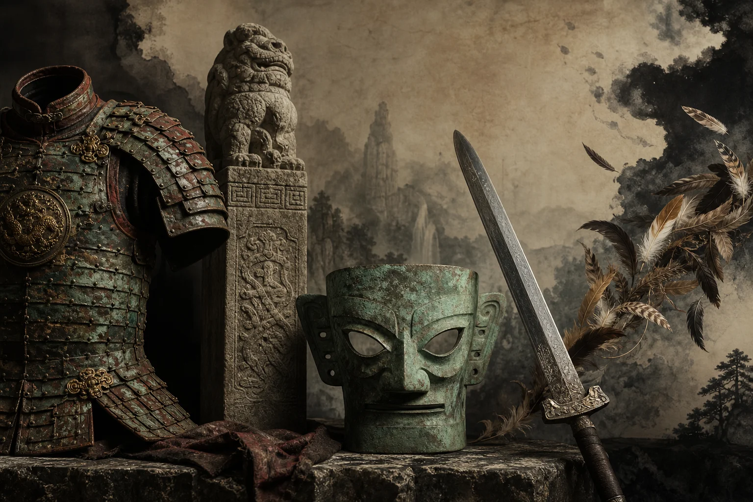 Wide reference panorama — late Ming, Sanxingdui bronze, and feather combat motifs side by side