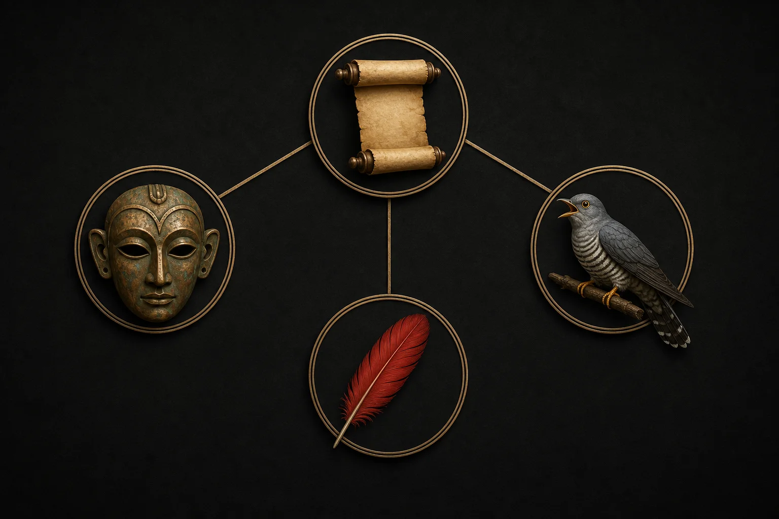 Mapping chart — Ming banner, bronze mask, cuckoo, and feather motifs linking game to source layers