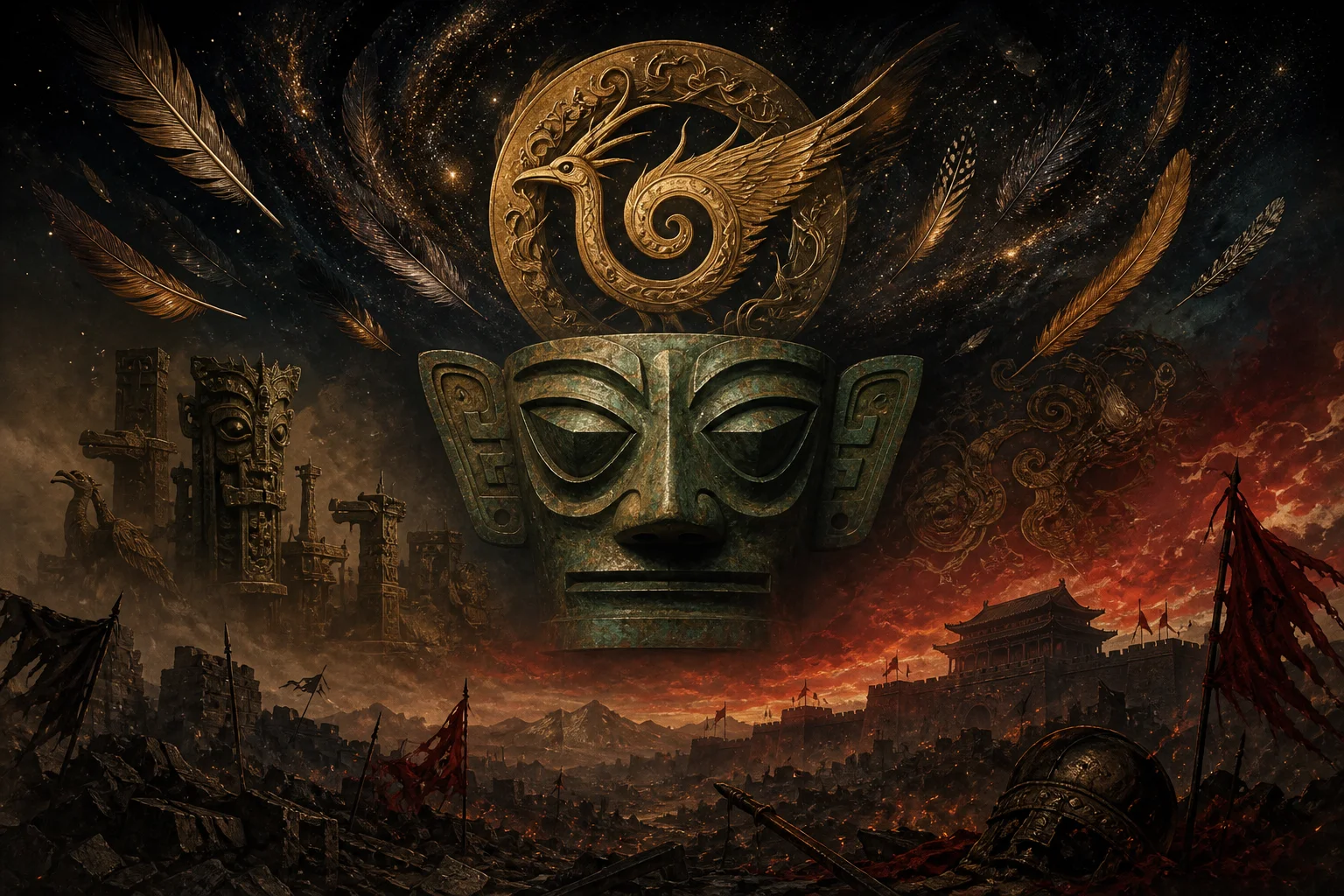 Three layers blending — late Ming battlefield ruins, Sanxingdui bronze mask, and dark cosmic void with feathers