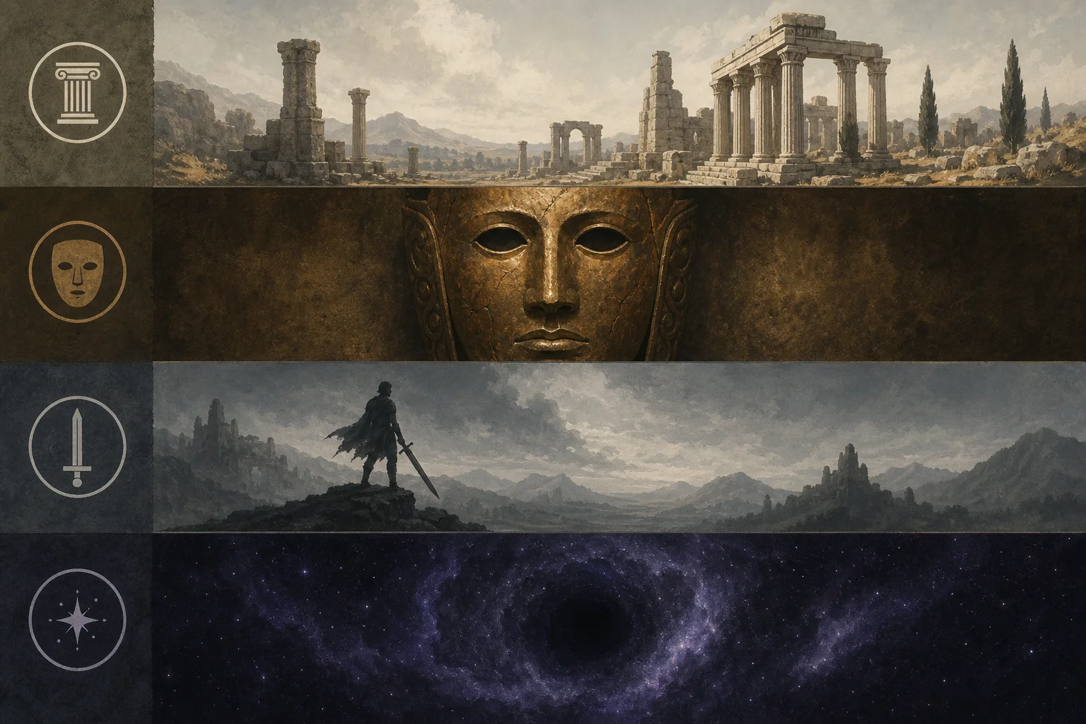 Diagram concept — four stacked layers: Late Ming history, Shu archaeology and myth, game systems, cosmic horror atmosphere