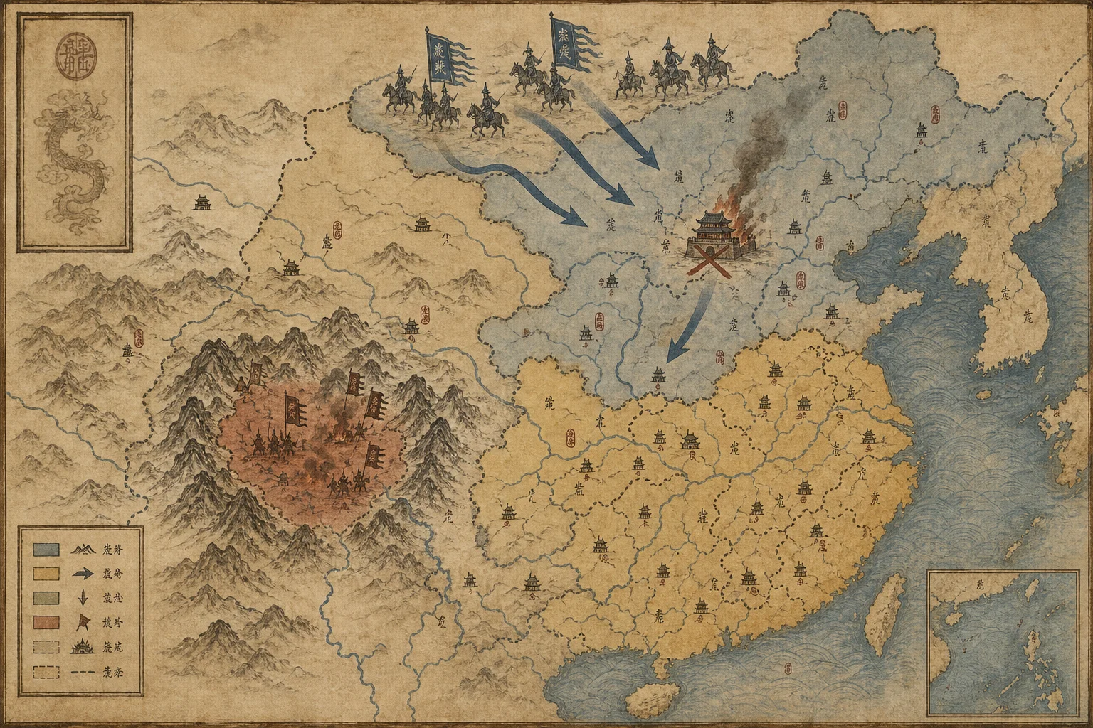 Map concept — Beijing falls in 1644 while Sichuan becomes a separate war zone under Zhang Xianzhong