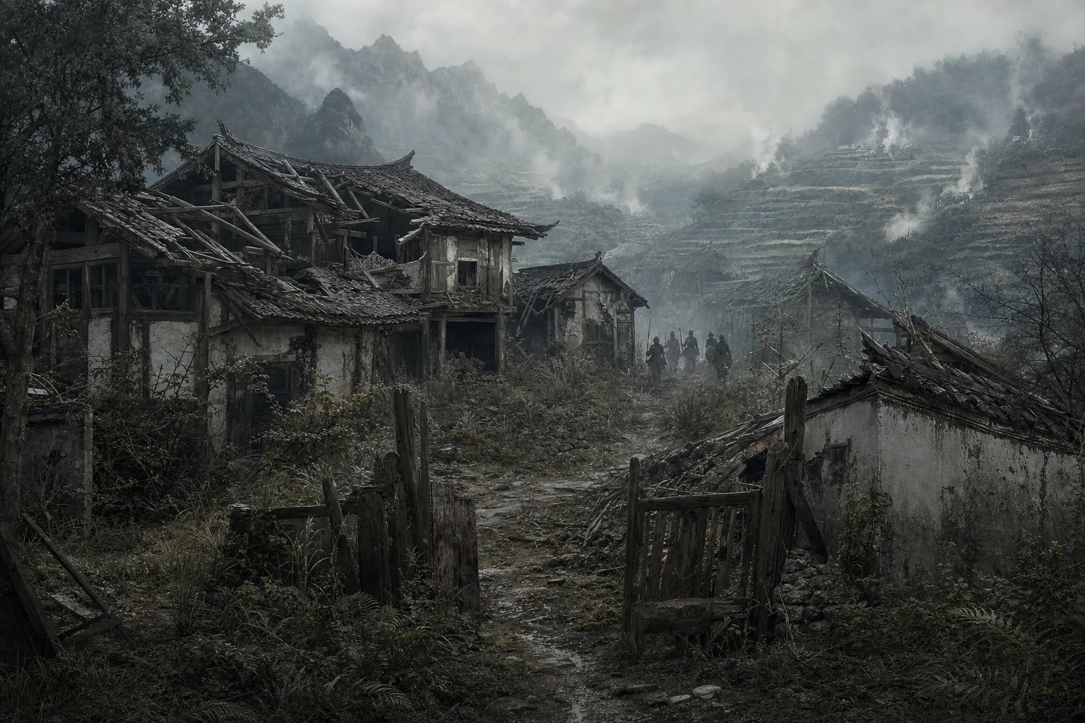 Abandoned Sichuan village — empty houses, broken walls, and armed bands moving through mountain fog