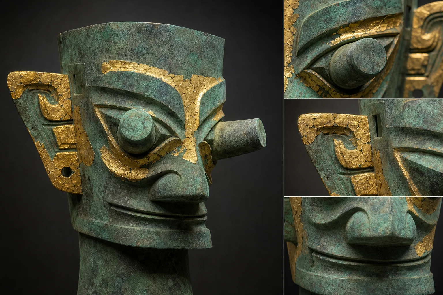 Diagram-style view of Sanxingdui mask features — protruding eyes, angular jaw, and ceremonial scale
