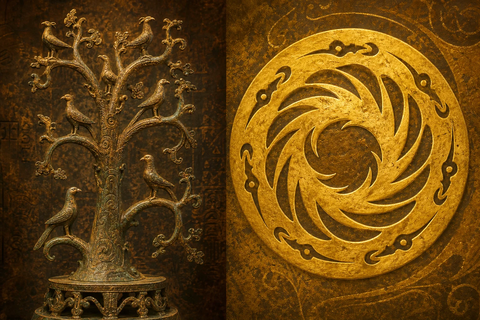 Bronze sacred tree with birds and the Jinsha Golden Sun Bird motif — cosmological symbols of ancient Shu