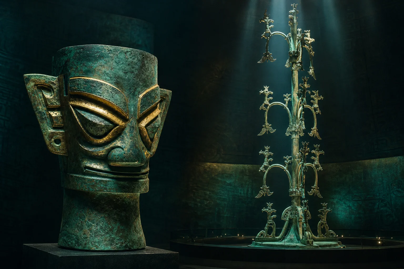 Sanxingdui bronze mask and sacred tree motifs — archaeological icons that shape WUCHANG's Shu ruins