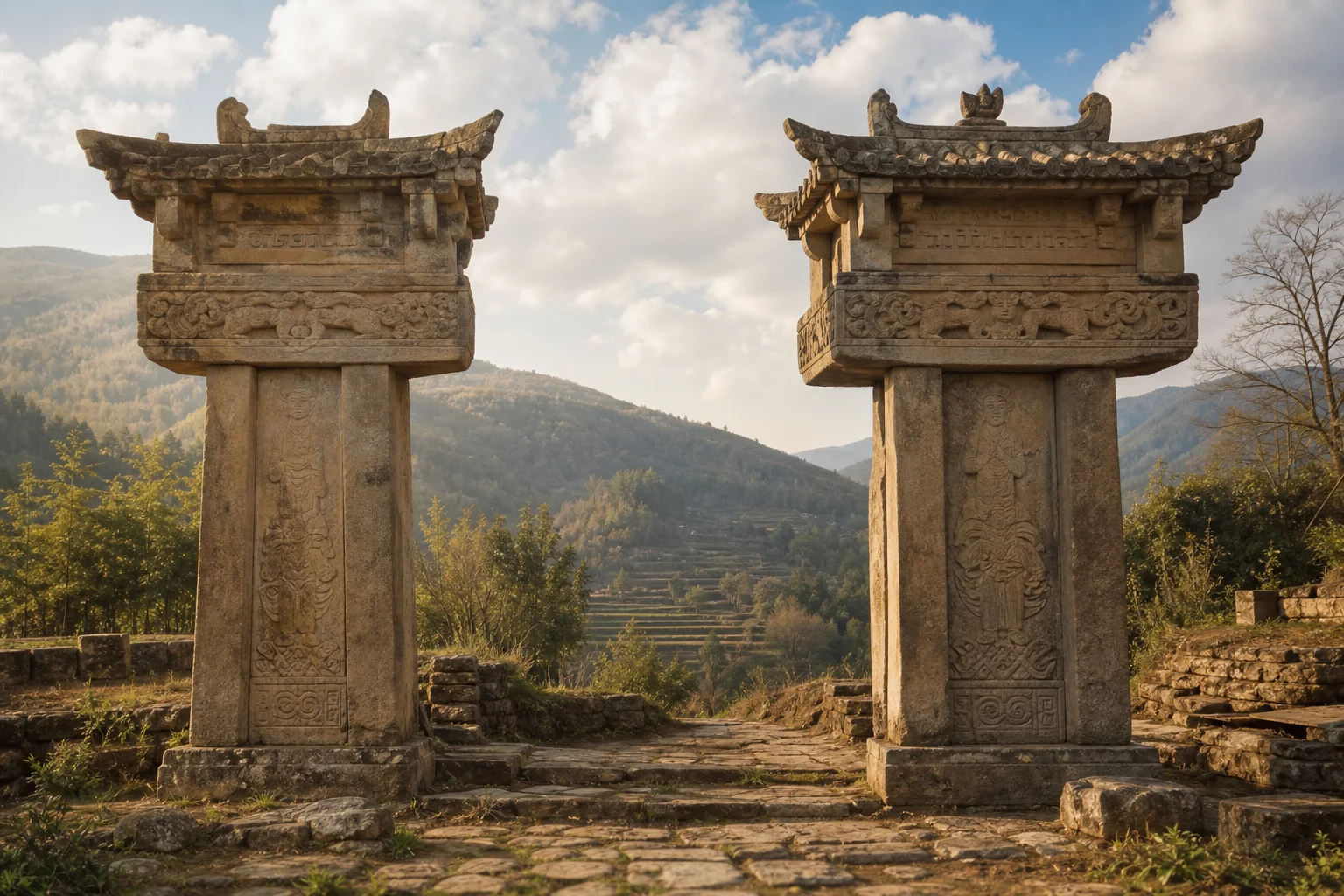 Han dynasty stone que gate towers — paired ritual pillars framing a mountain path