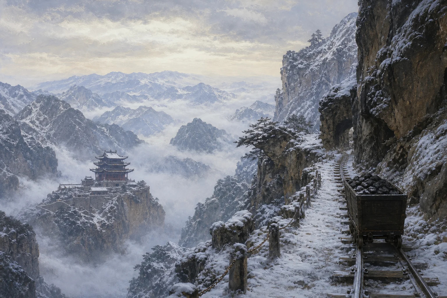 Snowy Sichuan mountain pass with temple roofs and mine cart tracks — Cloudspire and Zhenwu mood