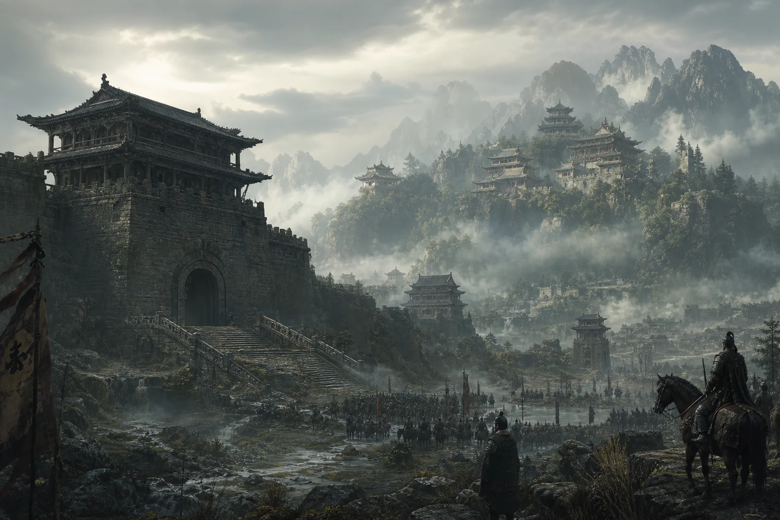 Layered Sichuan ruins — Han gate towers, mountain temple, and late Ming battlefield fog in one vista