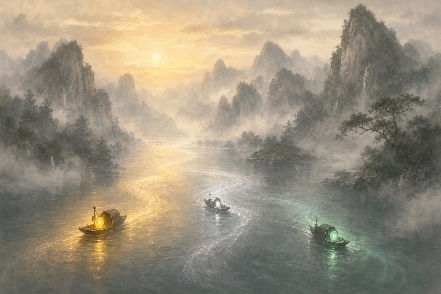 Three symbolic boats on misty water — dream, truth, and cycle motifs without characters