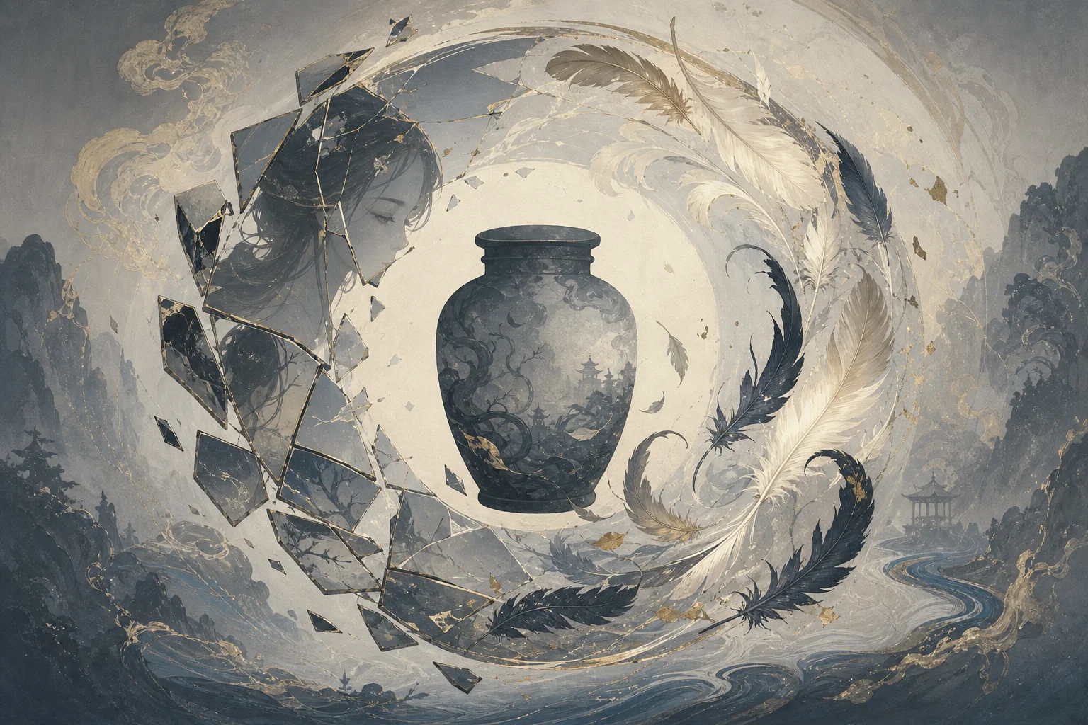 Symbolic cycle — feathers, broken mirror shards, and a jar motif suggesting repeated journeys and fading recall
