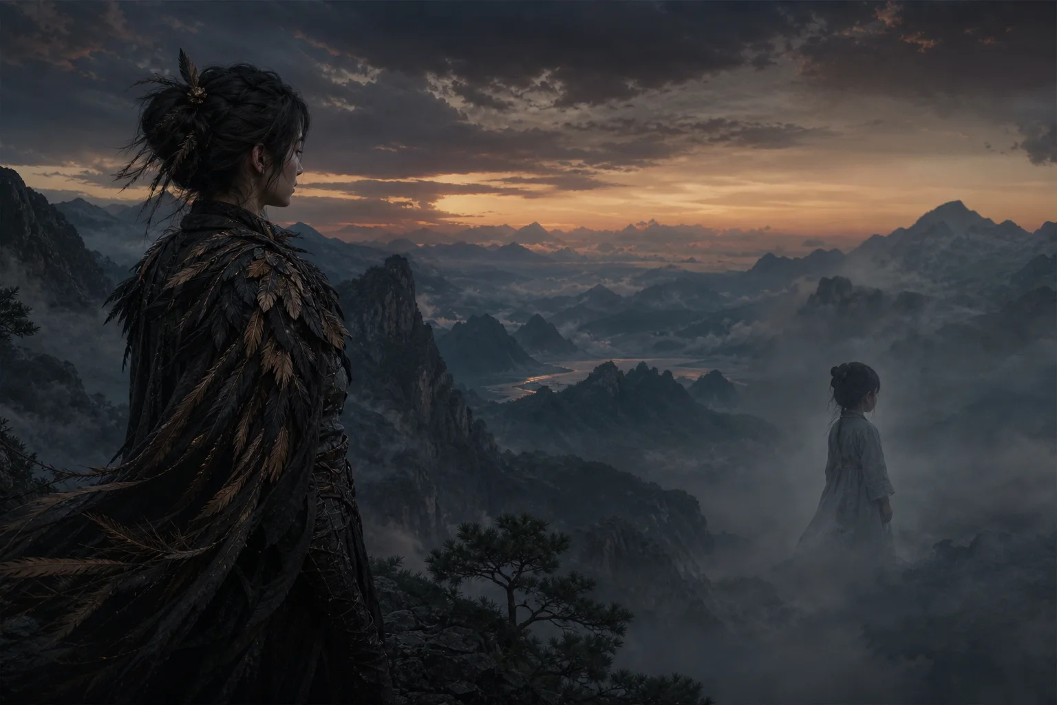 Two sisters parted by mist — one warrior with faint feathers, one child silhouette fading into Shu mountain fog