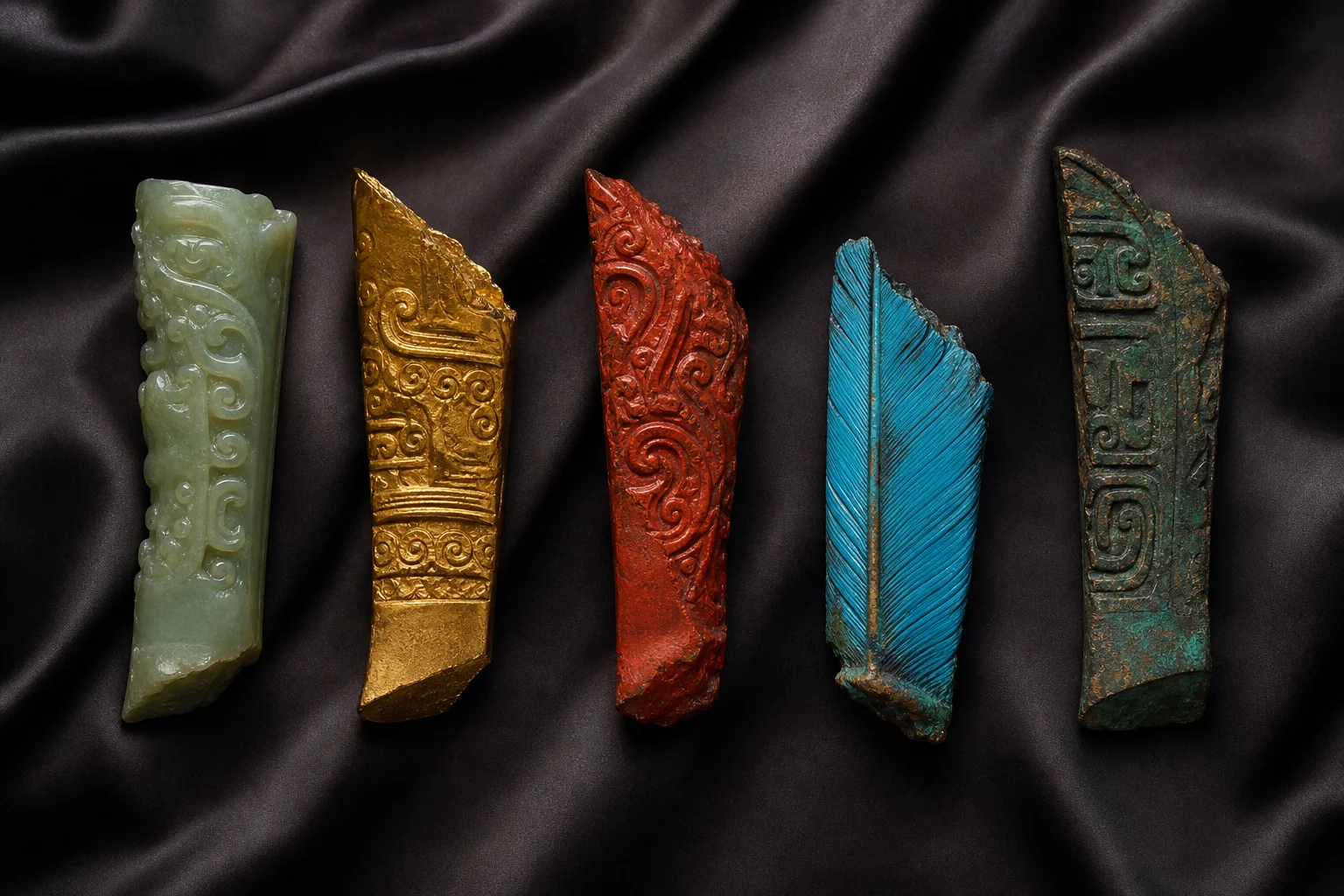 Five chisel fragments in jade, gold, vermilion, cyan, and weathered ancient stone — symbolic arrangement