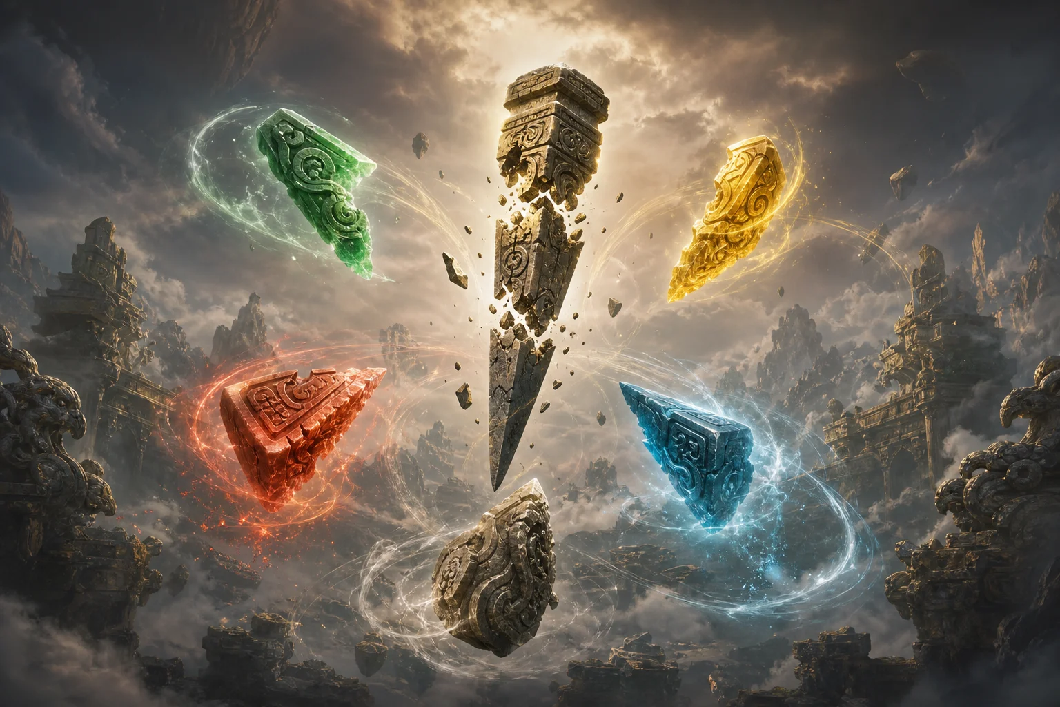 Five glowing chisel fragments — jade, gold, vermilion, cyan, and ancient stone — orbiting a shattered divine tool
