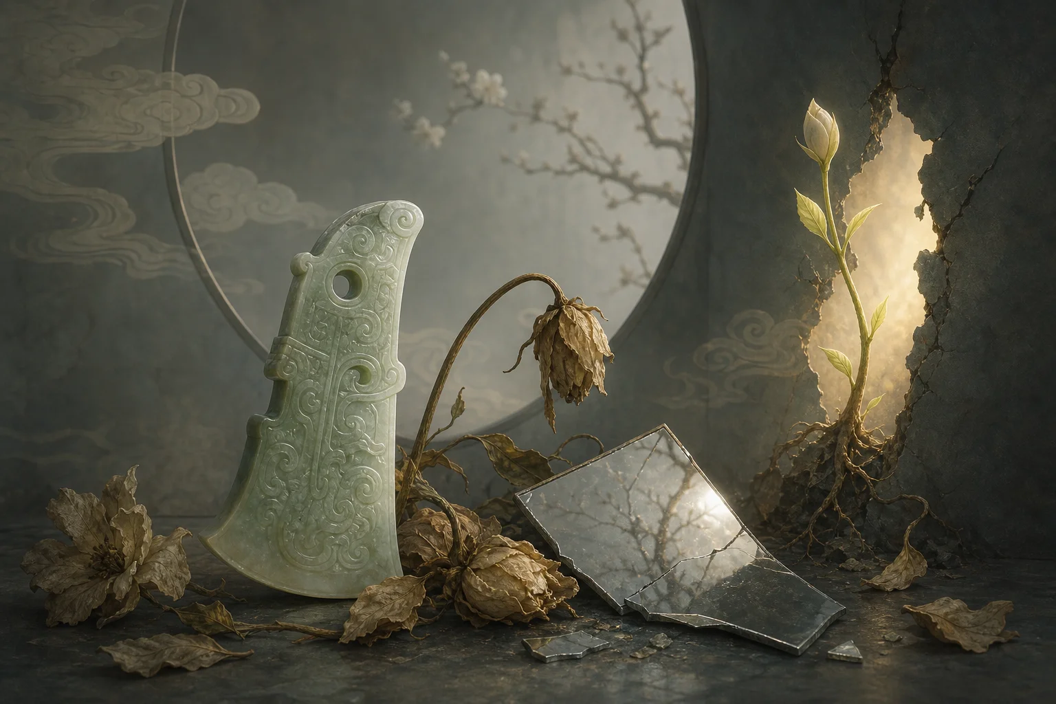 Symbolic jade chisel beside wilted flowers — resurrection promise turned warning