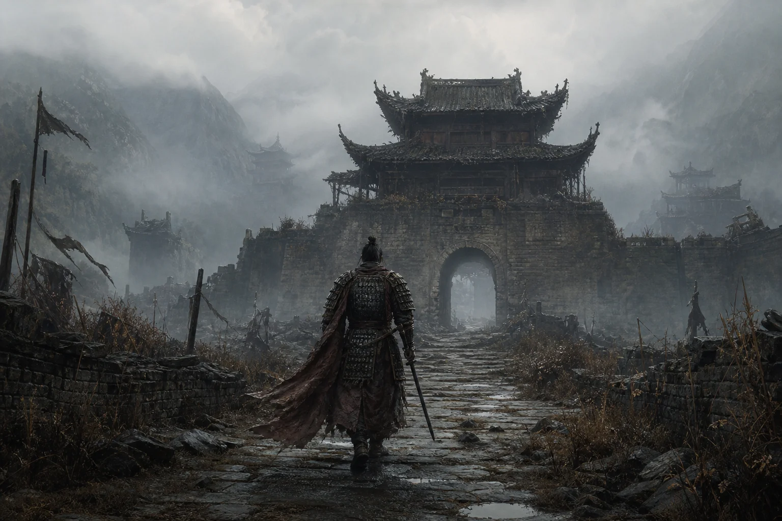 Warrior approaching ruined Shu gate in fog — memory and homecoming mood