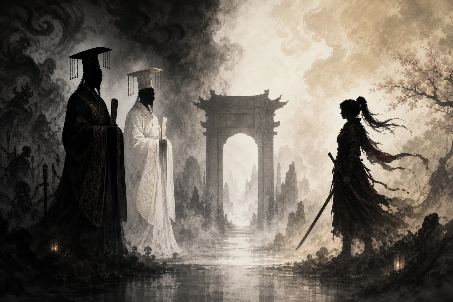 Folk underworld imagery — two impermanence officers contrasted with a lone warrior heroine, symbolic composition
