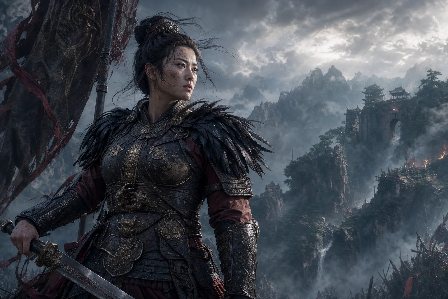 Wuchang — a Ming-era warrior with faint feathers at the shoulders, standing before Shu mountain mist