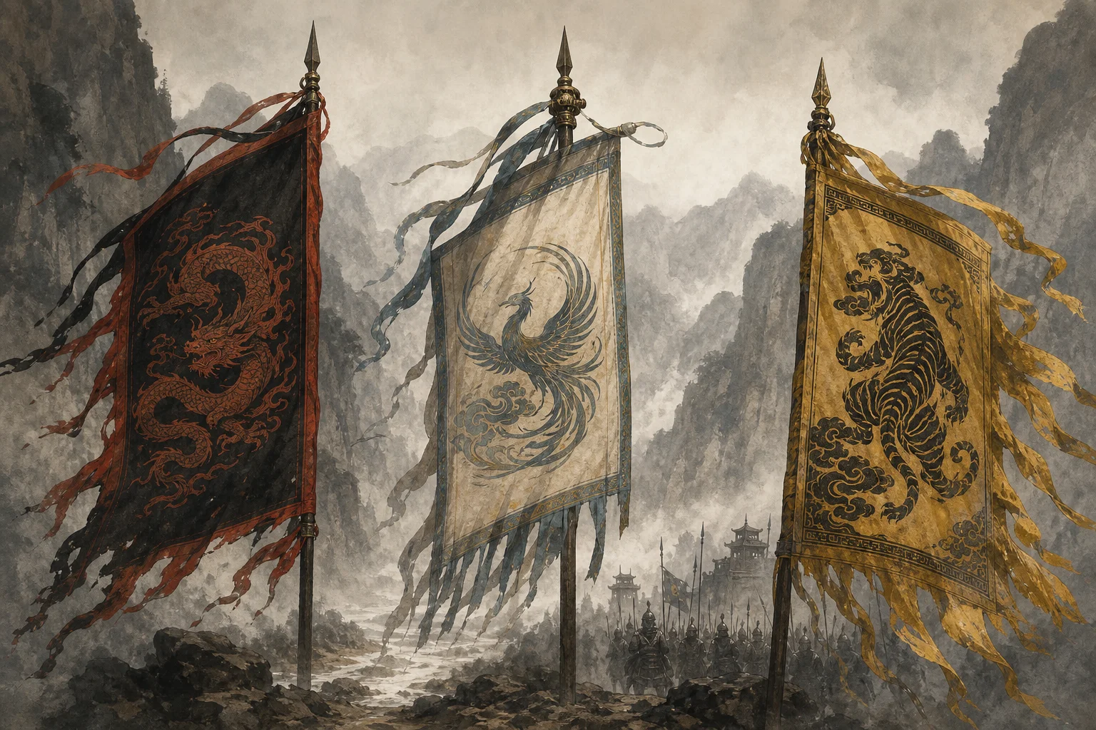 Three faction banner concepts — Great West, Southern Ming dragon, and Qing frontier army in Sichuan