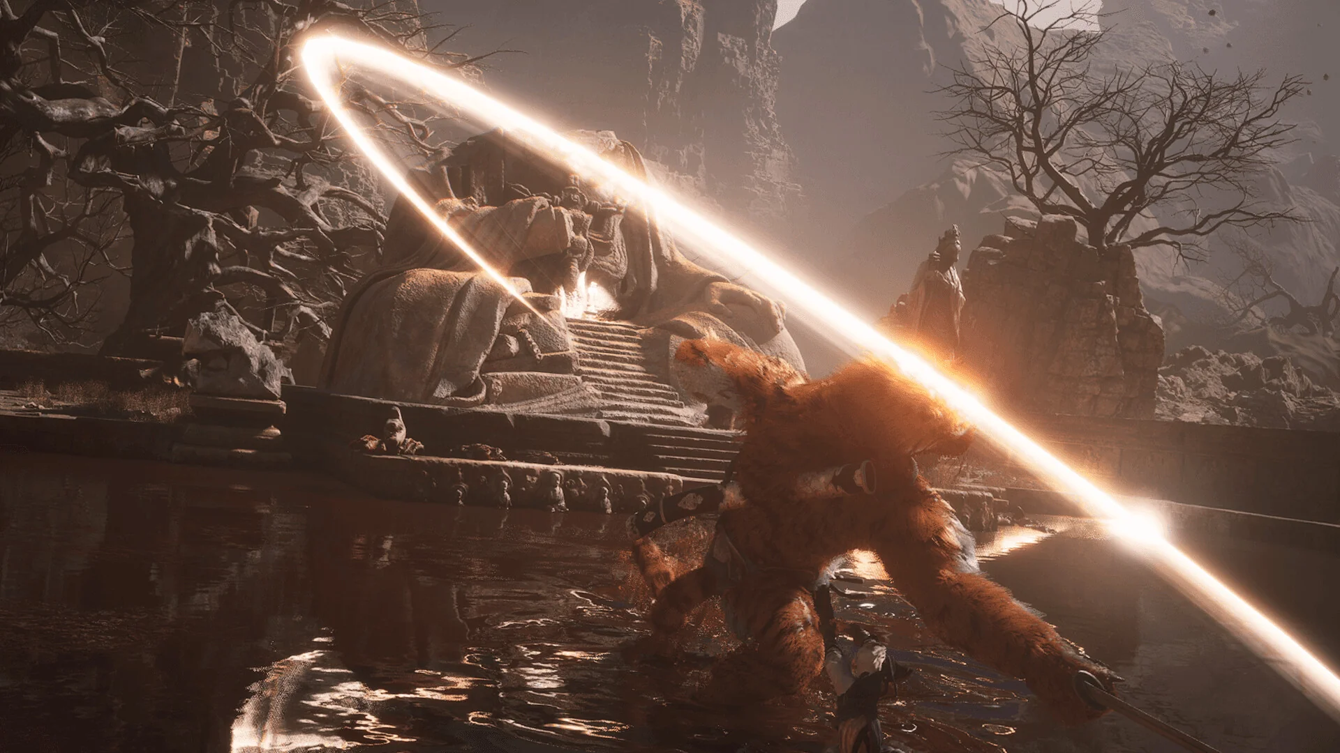 Black Myth: Wukong — in-game staff combat screenshot against the Tiger Vanguard in the Crouching Tiger Temple blood pool
