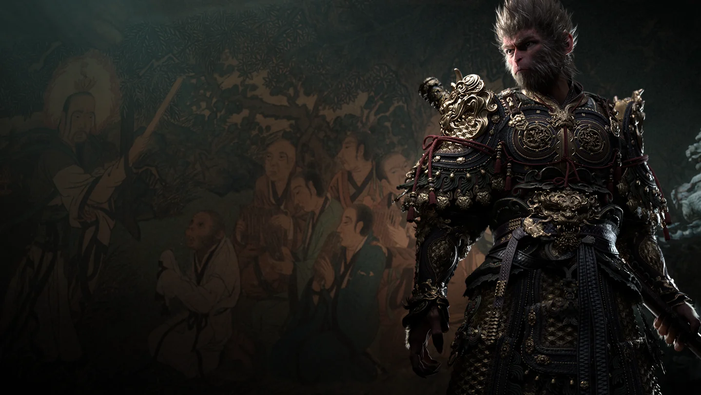 Black Myth: Wukong — in-engine cutscene still: the Destined One in ornate armor beside a painted temple mural