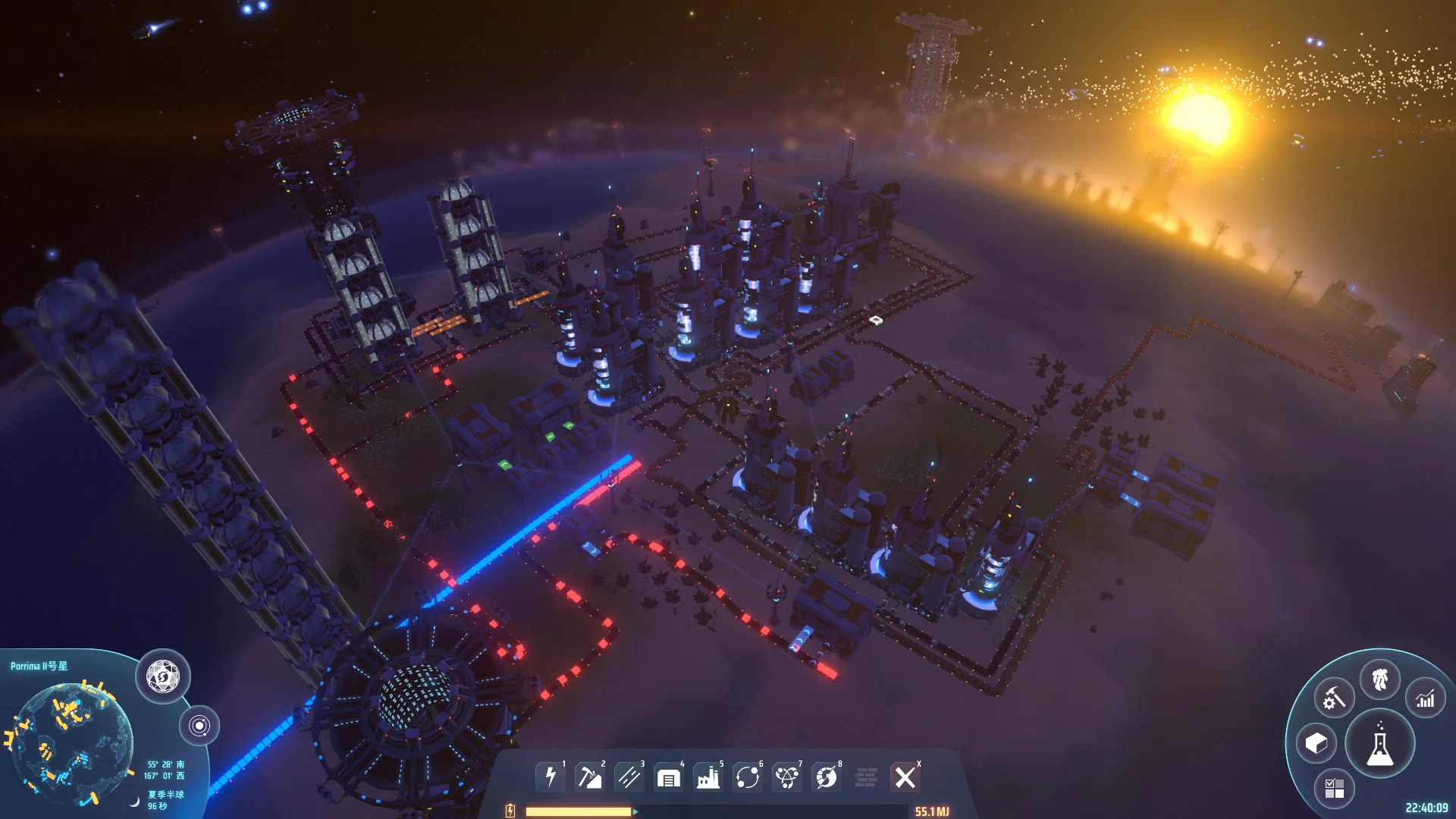 Dyson Sphere Program — in-game screenshot: night-time factory floor with glowing conveyor belts carrying items toward a bright star with an orbiting Dyson Swarm