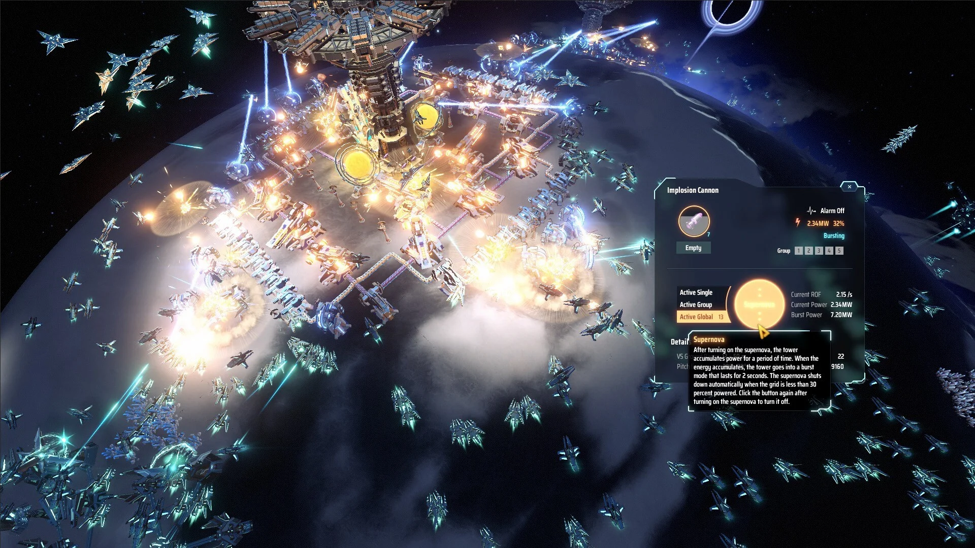 Dyson Sphere Program — in-game screenshot: Dark Fog swarm assault with implosion cannon UI, blue energy beams, and explosions over a planetary factory