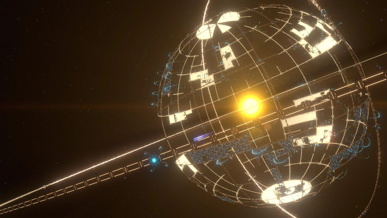 Dyson Sphere Program — in-game screenshot: a large Dyson Sphere lattice with glowing shell panels and construction drones orbiting a central star