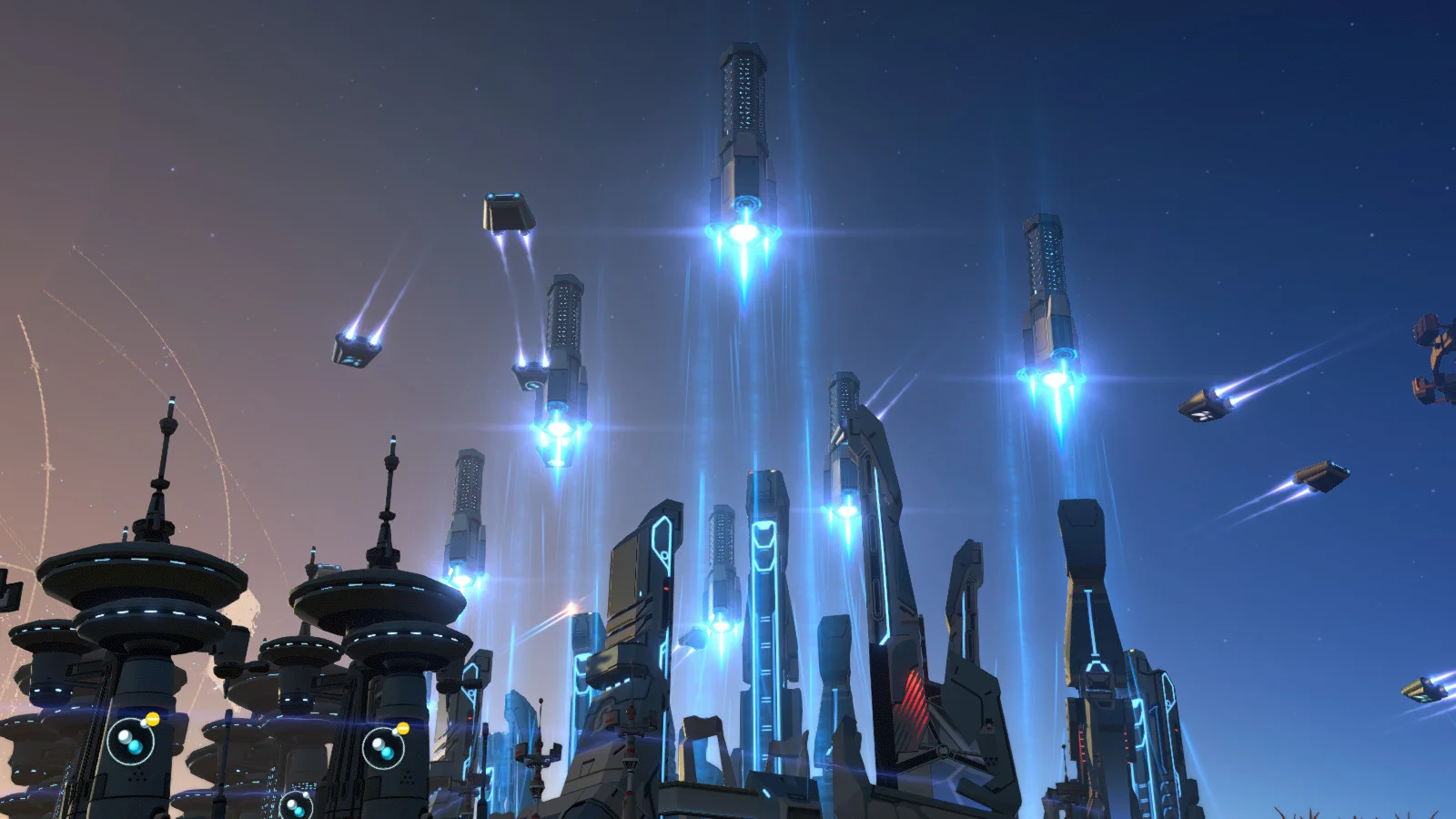 Dyson Sphere Program — in-game screenshot: interstellar logistics towers launching bright transport pods into a starry night sky