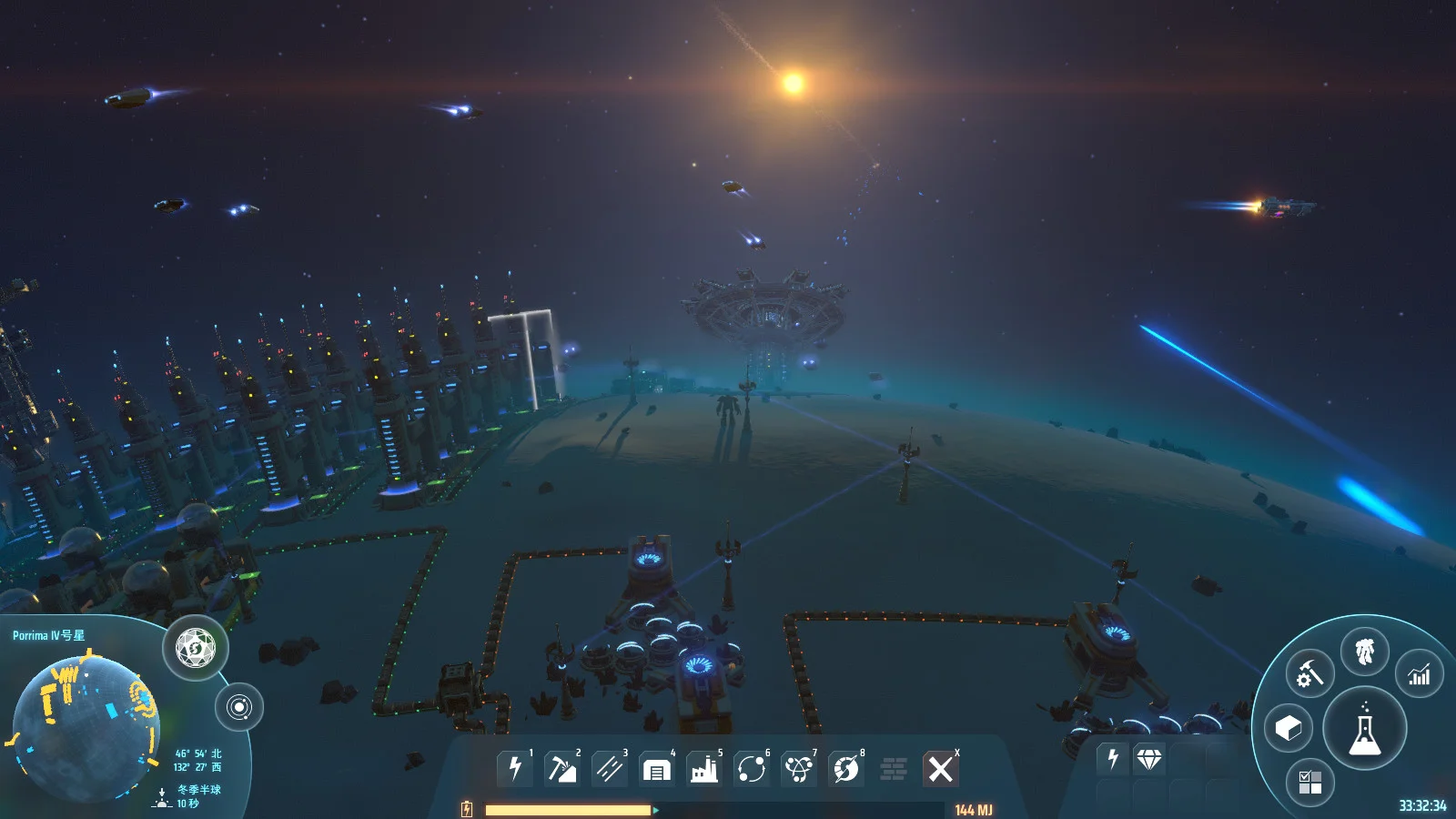 Dyson Sphere Program — in-game screenshot: planetary night view of matrix labs, towers, and transport ships leaving a heavily industrialized world