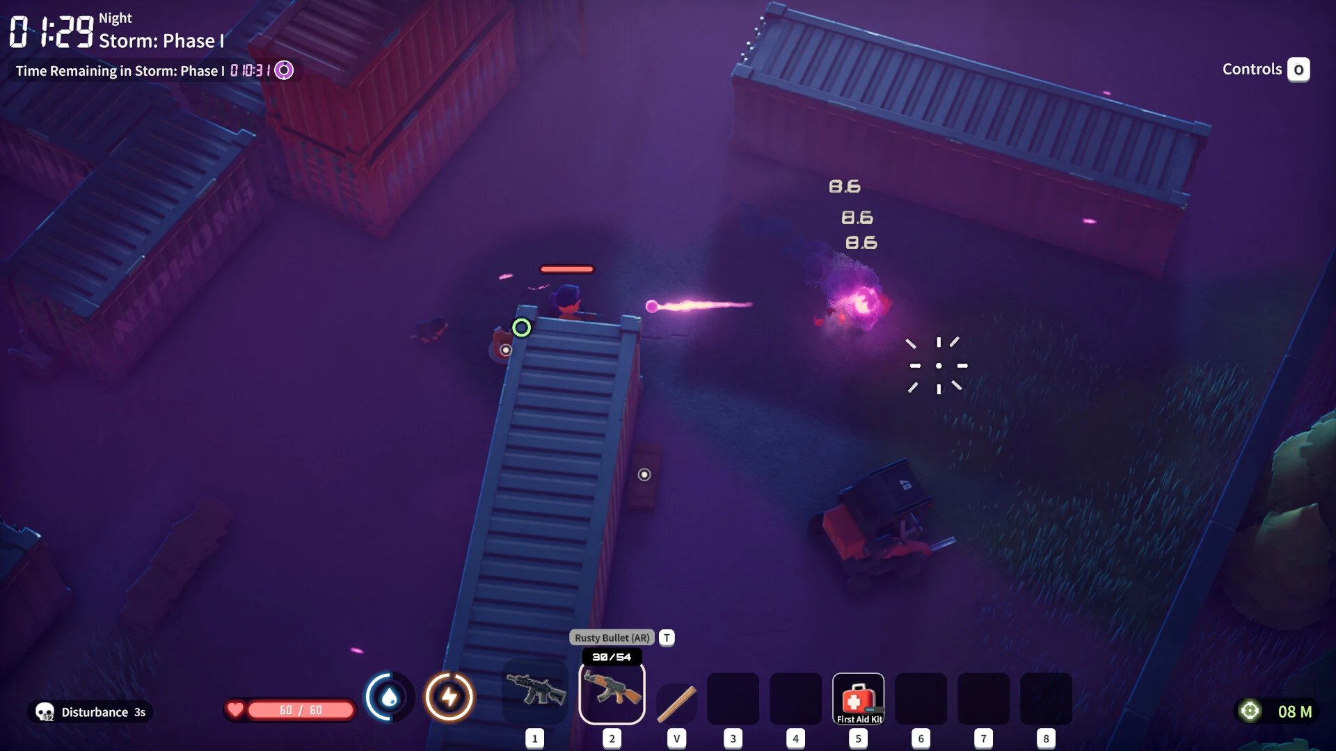 Night raid combat — duck firing an assault rifle amid muzzle flash in a container yard