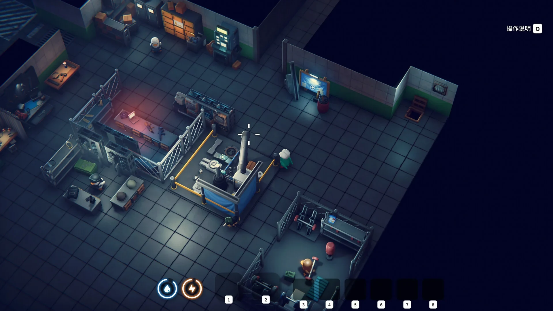 Hideout interior — crafting workbench, storage lockers, gym area, and upgrade stations