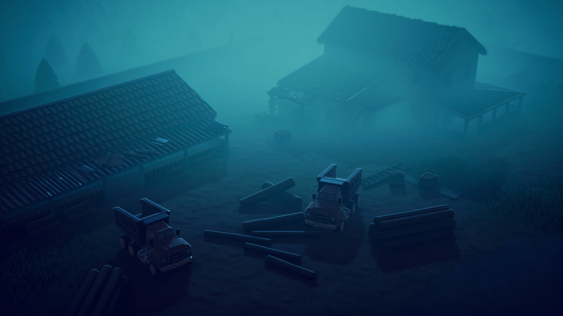 Foggy rural map — low visibility expedition through a mist-shrouded compound at dawn