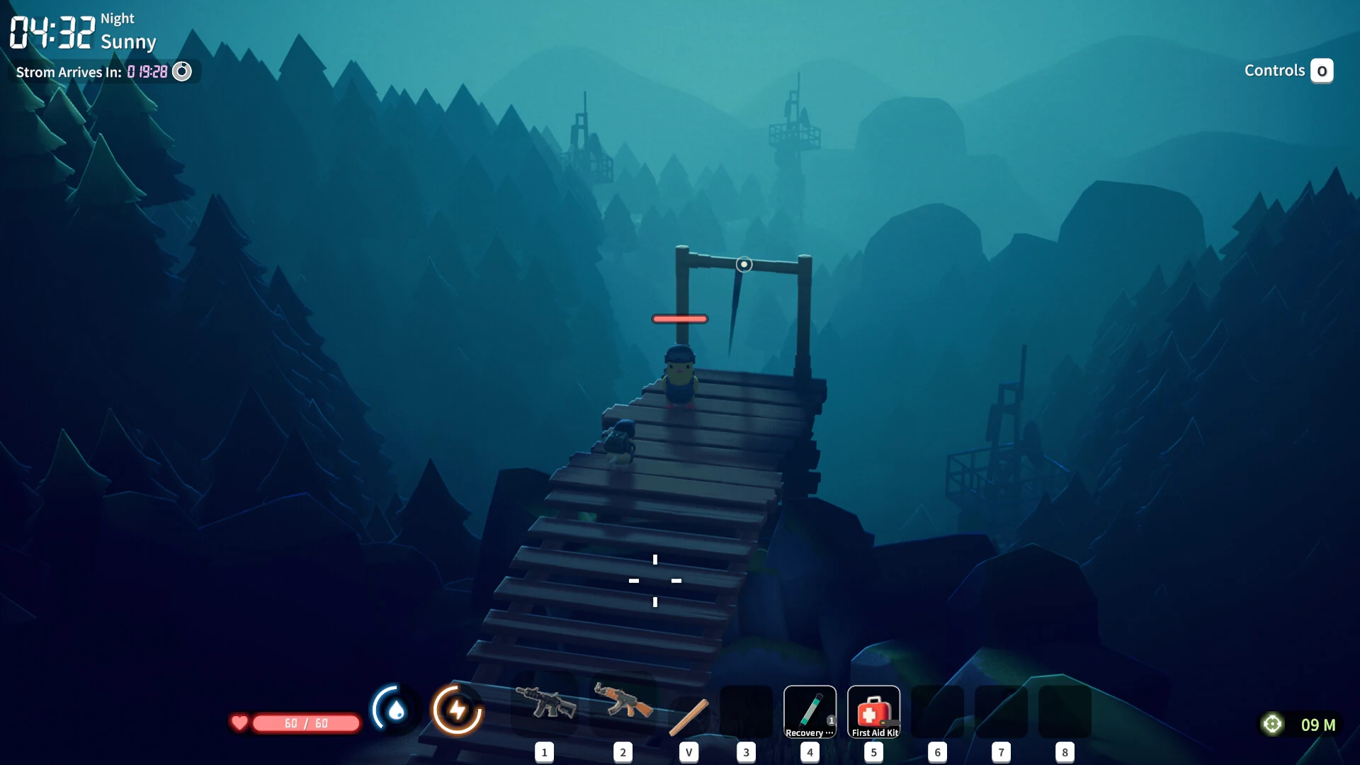 Night forest raid — duck with beanie approaching a lit bridge under storm countdown