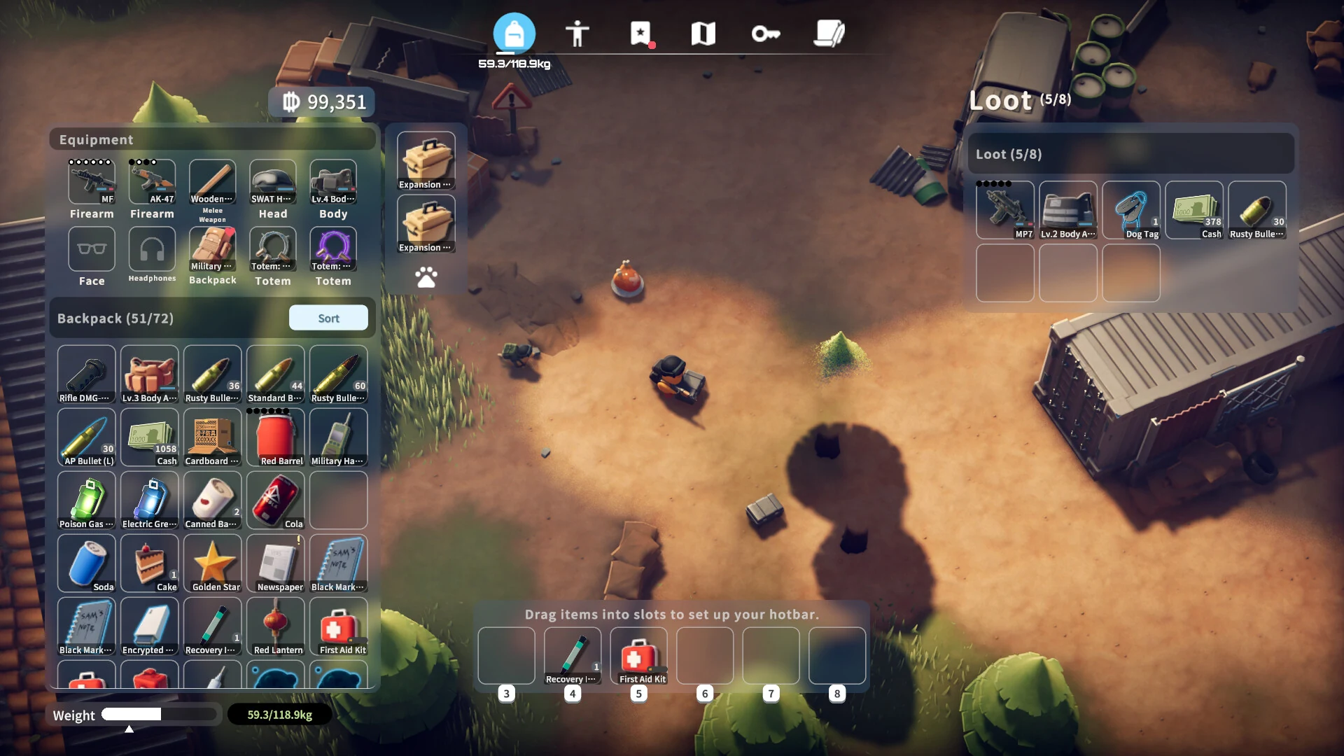 Full loadout screen — modded rifles, body armor, backpack grid, and scavenged loot panel