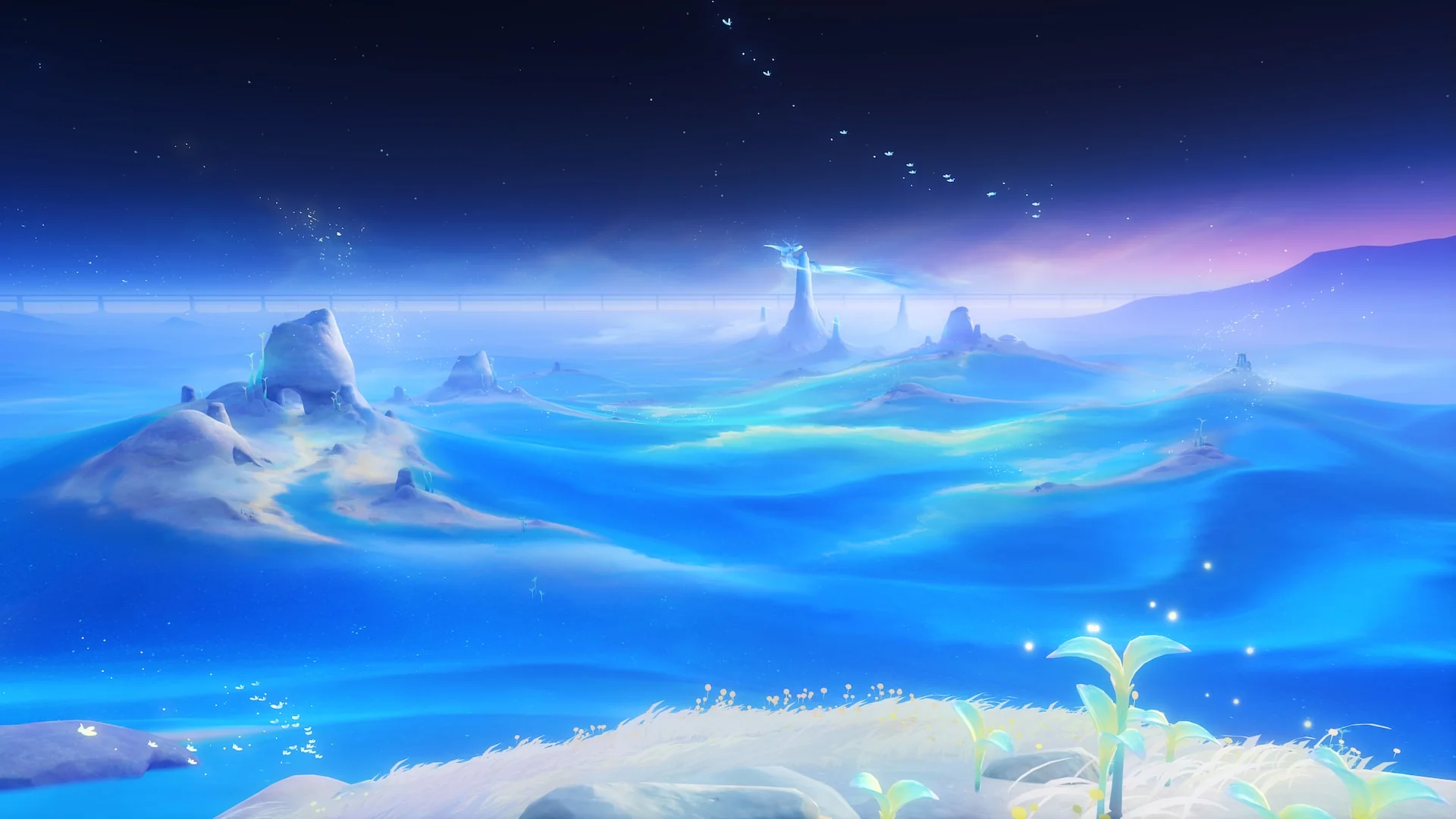 Genshin Impact — in-game screenshot: Traveler gliding over Natlan cliffs with layered canyon terrain and distant ruins